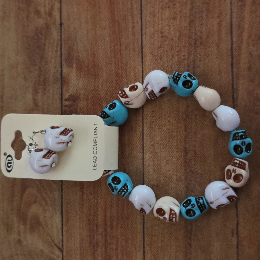 Skull Bead Head Bracelet and Earrings Set Cream, White, Teal, And Brown